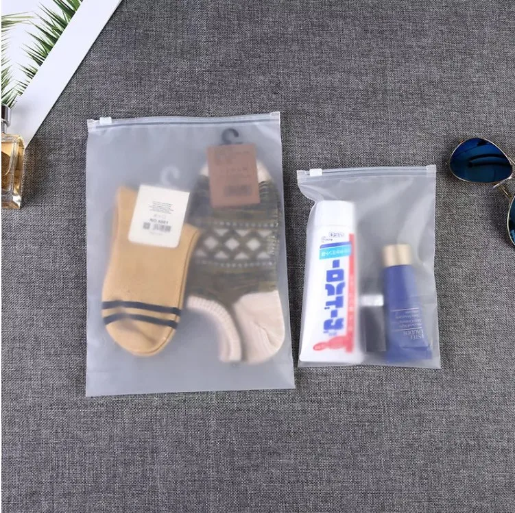 Custom Printed Logo on Matte Frosted Biodegradable Plastic Packaging Zipper Slider Bags T Shirt Swimwear Zipper Bags with Hanger for Clothing