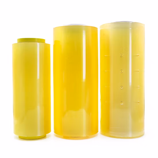 Película aderente para alimentos em PVC de grau alimentício de alta elasticidade, transparente, transparente, material de embalagem de plástico à prova d'água, filme de embrulho, filme estirável, rolo enorme para embalagens de alimentos